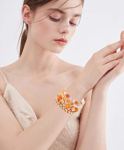 LALAPPLE Gold Plated Beaded Acrylic Bamboo Tube Bangle Bracelets for Women, Colorful Chunky Curved Tube With Gold Plated Pieces Beads Stretch Bracelet Friendship Summer Beach Jewelry - color: A-Style 1-gold 4pcs