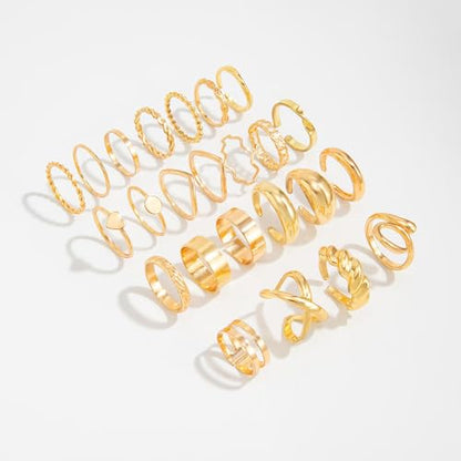 Gold Rings for Women Non Tarnish Stackable Rhinestone Moon Star Rings Dainty Stacking Pearl Butterfly Midi Pinky Thumb Joint Finger Knuckle Ring Set Gold Non Tarnish Jewelry Gifts Trendy Stuff - color: E Gold Stackable Rings 24Pcs