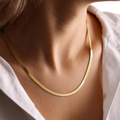 NECOCY 14K Gold Plated Necklaces for Women, Dainty Gold Herringbone Choker Necklace Thin Layered Snake Chain Jewelry for Gifts - color: 3MM 18"-GD Herringbone Necklace