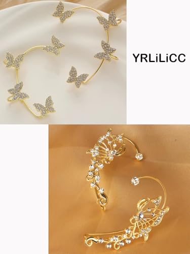 2Pcs Butterfly Ear Cuffs Rhinestone Clip On Earrings | Rhinestone butterfly ear cuffs with non piercing clip on design; silver ear wrap climber jewelry for parties and weddings - style: 2Pair Gold
