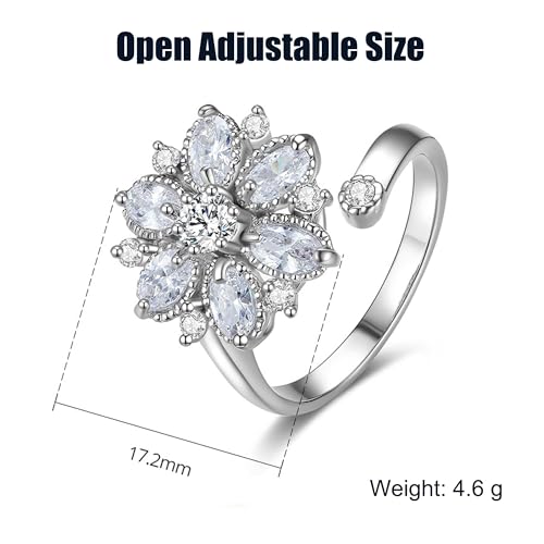 18K Gold Plated Rings for Women and Teen Girls Non Tarnish Cubic Zirconia Fidget Ring Butterfly/Snake/Mesh/Cross/Crown Knuckle Ring Open Adjustable Statement Stacking Chunky Rings - color: Silver Flower