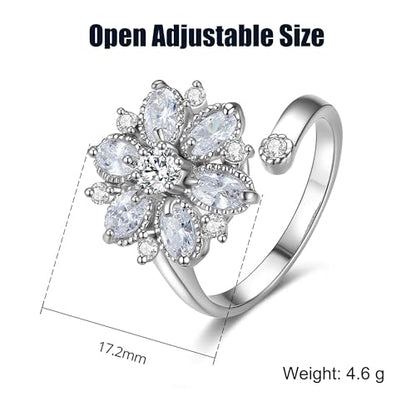 18K Gold Plated Rings for Women and Teen Girls Non Tarnish Cubic Zirconia Fidget Ring Butterfly/Snake/Mesh/Cross/Crown Knuckle Ring Open Adjustable Statement Stacking Chunky Rings - color: Silver Flower