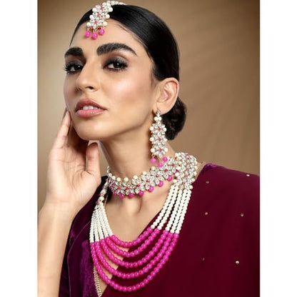 Aheli Wedding Party Wear Bridal Jewellery Choker Long Pearl Necklace Earrings Maang Tikka Indian Traditional Set Gift for Women - color: Rani Pink-1