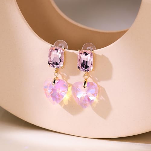 Crystal Heart Teardrop Dangle Earrings for Women Hypoallergenic Multicolor Cubic Zirconia Drop Earrings for Wedding Prom Party Daily Wear - color: Heartpink
