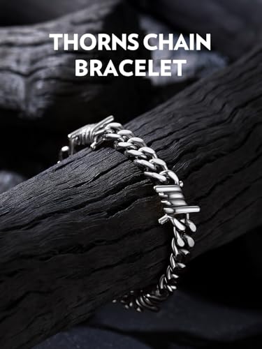 Bandmax Barbed Wire Chain Bracelets for Men Women Stainless Steel/Black/Gold Thorn Cuban Link Bracelet Adjustable Punk Emo Style Jewelry Gift - color: 01 9MM-Silver Tone