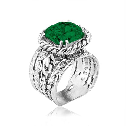 JEAN RACHEL JEWELRY 925 Sterling Silver Braid Leaf Cushion Ring | Ornate statement ring beautifully adorned with sculpted leaf motifs, twisted rope braids, and a CZ center stone. - color: Emerald CZ