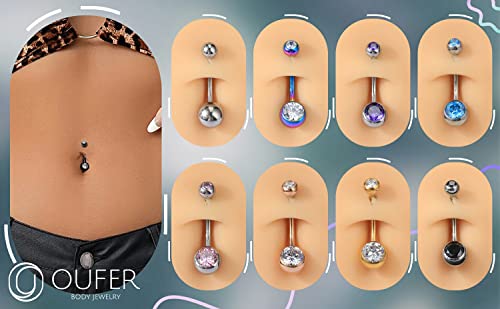 OUFER Titanium Belly Button Rings, Internally Threaded Belly Ring, Round CZ Navel Rings for Women Men - color: Black, size: 1.6*16MM