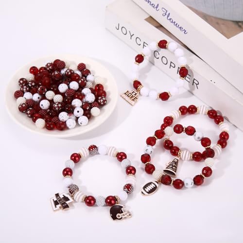 2200PCS+ Game Day Beads Charms for Bracelet Making Polymer Clay Beads Crystal Pearl Letter Gold Spacer Beads Football Charms for Game Day Bracelet Necklace Making DIY Crafts - color: Burgundy White