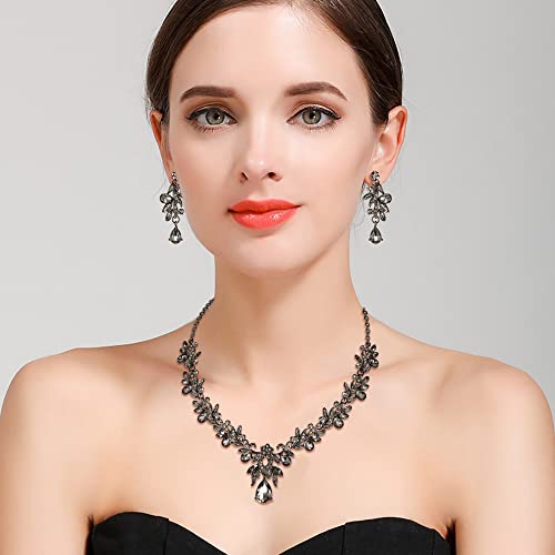 Women's Wedding Jewelry Set Leaf Flower for Bridal Prom Party | Stunning Crystal Teardrop Marquise Cluster Pendant Necklace Dangle Earrings Set for Bride Bridesmaid - color: 05-Grey Black-Tone