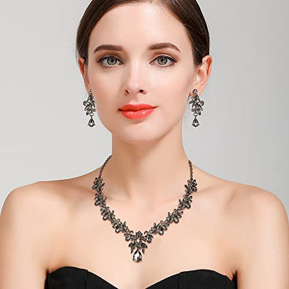 Women's Wedding Jewelry Set Leaf Flower for Bridal Prom Party | Stunning Crystal Teardrop Marquise Cluster Pendant Necklace Dangle Earrings Set for Bride Bridesmaid - color: 05-Grey Black-Tone