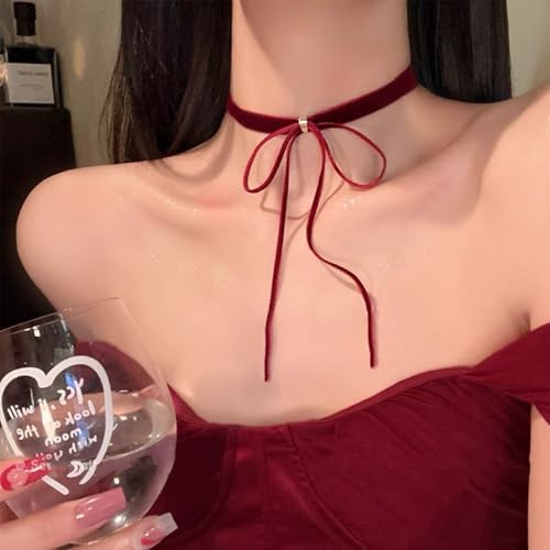 Eartif Red Velvet Choker Necklace with Black Bow for Women - Vintage Gothic Ribbon Collar - Christmas & Halloween Vampire Accessories
