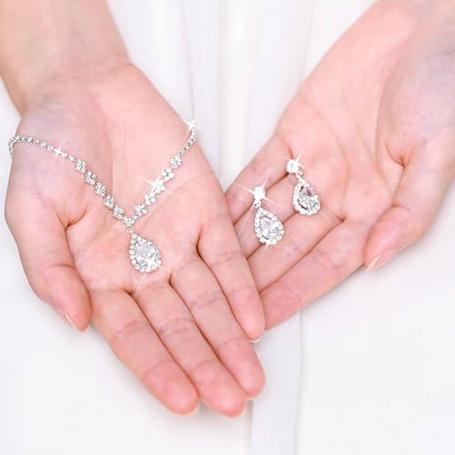 Unicra Bride Crystal Necklace Earrings Set Bridal Wedding Jewelry Sets Rhinestone Choker Necklace Prom Costume Jewelry Set for Women and Brides - color: E-3 Pack Silver Necklace Bracelet Earrings
