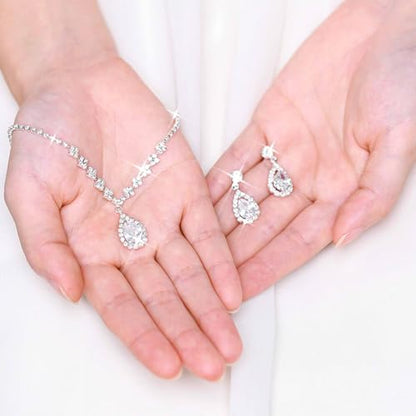Unicra Bride Crystal Necklace Earrings Set Bridal Wedding Jewelry Sets Rhinestone Choker Necklace Prom Costume Jewelry Set for Women and Brides - color: E-3 Pack Silver Necklace Bracelet Earrings