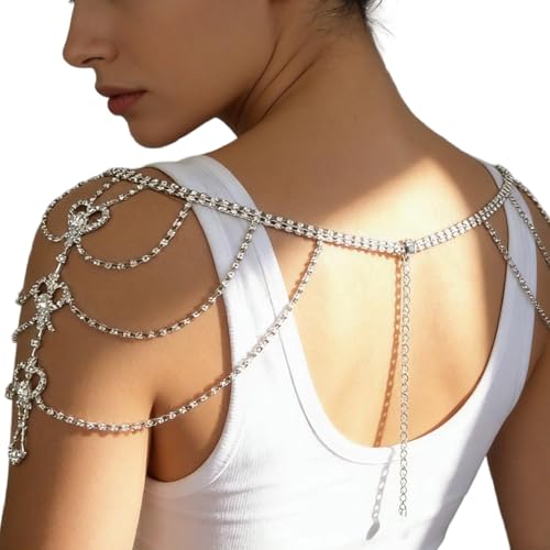 Bridal Multi-Layer Rhinestone Heart Shoulder Chain -Wedding Back Chain for Bride,Crystal Shoulder Body Chain for Women Prom Evening Dress Accessories - color: Silver