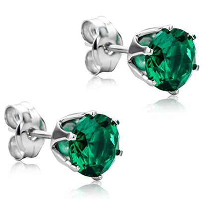 Orovi Round 14K Gold Earrings for Women in Solid 14K White Gold 585/14K Yellow Gold 585 with Ruby/Sapphire/Zirconia/Emerald Gemstones, Stud Earrings For Women,Women's Jewelry Delivered in Jewelry Box - color: 14K White Gold/ Emerald