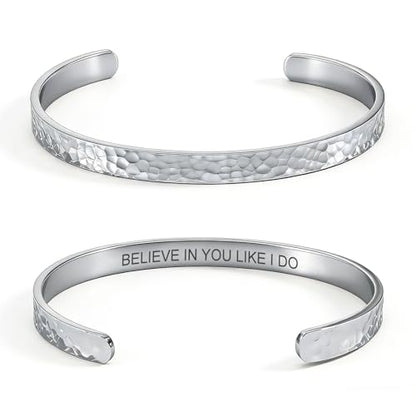 Inspirational Bible Verse Cuff Bracelet for Women, 18K Gold Plated Hammered Bangle, Christian Faith Jewelry Gift, Adjustable Non Tarnish - color: BELIEVE IN YOU LIKE I DO-Hammered Silver