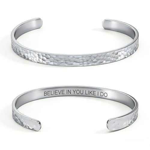 Inspirational Bible Verse Cuff Bracelet for Women, 18K Gold Plated Hammered Bangle, Christian Faith Jewelry Gift, Adjustable Non Tarnish - color: BELIEVE IN YOU LIKE I DO-Hammered Silver