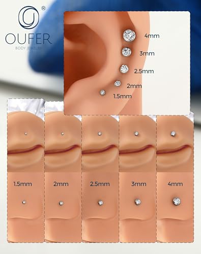 OUFER 2Pcs 20G/18G/16G G23 Titanium Threadless Nose Stud Earrings Flat Back Tiny CZ Small Nose Helix Cartilage Tragus Conch Labret Medusa Monroe Piercing Jewelry for Women Men - color: Silver, size: 2pcs, 16g 6mm, 4mm cz