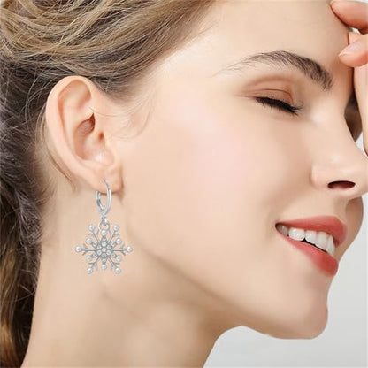 Dreuyet Snowflake Earring and Necklace Set for Women Clear Cubic Zirconia Sparkle Snowflake Hoop Earrings Silver Christmas Snowflake Pearl Earrings Winter Holiday Women Wife Jewelry Gift - color: Silver