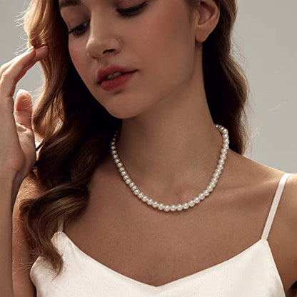 Zeffy Pearl Necklace 8MM Dainty Round Imitation Pearl Choker Necklace Wedding Pearl Necklace Delicate Jewelry for Women Simple Bridesmaid Jewelry Gifts - style: Style1-8mm Silver Pearl Necklace（14"+2"）