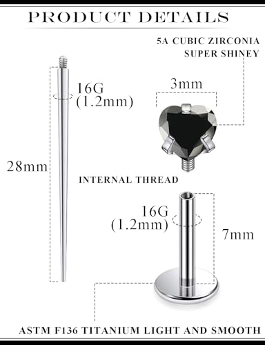 20G 18G 16G Astm F136 Titanium Internal Thread Flat Back Earrings Nose Studs Tragus Helix Conch Cartilage Lobe Earrings Medusa Labret Snake Bite Monroe Lip Ring Piercing Jewelry For Women Men - color: Black, size: 16G-7MM Bar-CZ 3MM