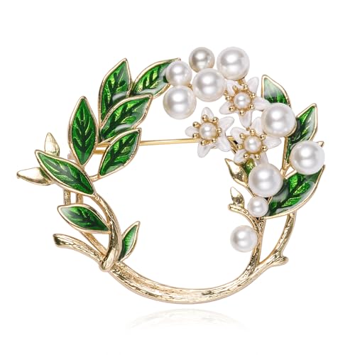 SHE'S FREE STYLE JUST FOR YOU Handmade Gardenia Brooches and Pins For Women, Enamel Flower Brooch Green Leaves Pins Hand Dripping Oil Jewelry Brooch Pins Fashion Garland Safety Pins - color: Green/white