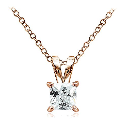 Hoops & Loops Sterling Silver, Yellow Gold Flash or Rose Gold Flash CZ Cubic Zirconia Square Solitaire Pendant Necklace - style: 6mm-Rose Flash Silver