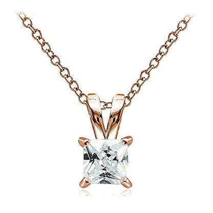 Hoops & Loops Sterling Silver, Yellow Gold Flash or Rose Gold Flash CZ Cubic Zirconia Square Solitaire Pendant Necklace - style: 6mm-Rose Flash Silver