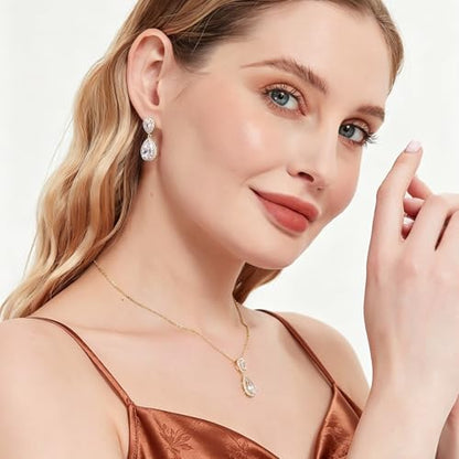 Bridal Jewelry Set for Women, Cubic Zirconia Teardrop Bride Bridesmaid Necklace and Earrings Set for Wedding Prom Formal - color: 14K Gold
