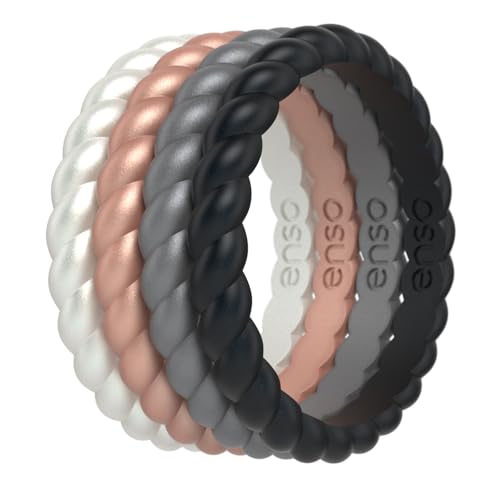 Enso Rings Stackable Braided Silicone Wedding Ring Bundles – Comfortable and Flexible Design - Multi-Packs - color: Metallic Pearl/Rose Gold/Silver/Black, size: 4