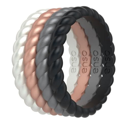Enso Rings Stackable Braided Silicone Wedding Ring Bundles – Comfortable and Flexible Design - Multi-Packs - color: Metallic Pearl/Rose Gold/Silver/Black, size: 6