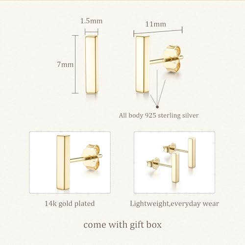 JIAYIQI Minimalist 925 Sterling Silver Stud Earrings Set, 14K Gold Plated Hypoallergenic Tiny Bar Dot Heart Star Studs for Women & Men - style: Gold-Bar-1 Pair