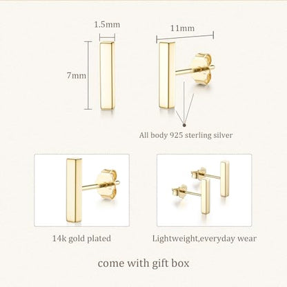 JIAYIQI Minimalist 925 Sterling Silver Stud Earrings Set, 14K Gold Plated Hypoallergenic Tiny Bar Dot Heart Star Studs for Women & Men - style: Gold-Bar-1 Pair
