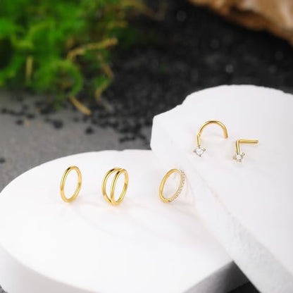 Xpircn 5pcs Hoop Nose Rings and L Shaped Nose Rings Stud Set 18G/20G Stainless Steel CZ Helix Conch Daith Tragus Cartilage Hoop Earrings for Women 6mm 7mm 8mm 10mm - color: Gold, size: 20G, 6mm hoop & 7mm studs