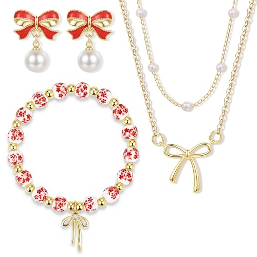 Bow Bracelet Necklace Earring Set for Women 14K Gold Plated Dainty Bow Necklace Flower Trendy Beaded Charm Bracelet Cute Pearl Drop Dangle Earrings Love Romantic Jewelry Gifts - color: red