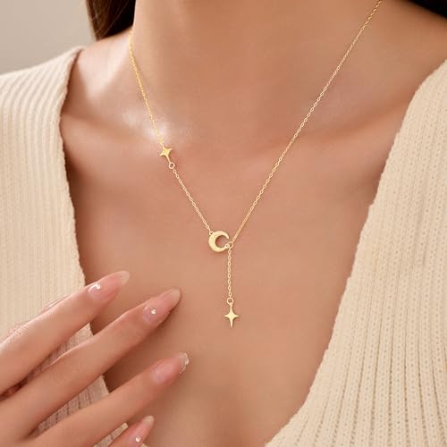 Dainty Crescent Moon Star Necklace for Women 925 Sterling Silver Y Shape Drop Lariat Necklace Trendy Pendant Choker Necklace Jewelry Birthday Ramadan Mothers Day Jewelry Gifts - color: Gold