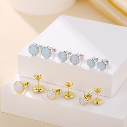 Jiamiaoi 18K White Gold Plated Opal Earrings s925 Sterling Silver Opal Stud Earrings Hypoallergenic Earring Studs For Women Men, 6mm-8mm Options - color: a-white silver, size: 6mm