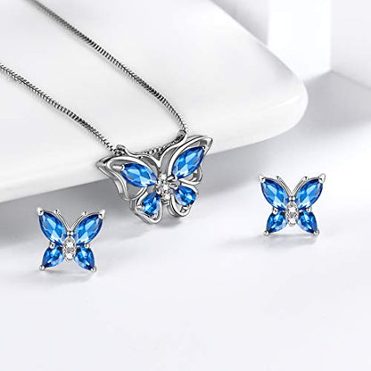Aurora Tears Butterfly Jewelry,Women 925 Sterling Silver Butterflies Birthstone Pendant Necklace/Earrings/Rings Wedding Gift - color: I.September-set 1