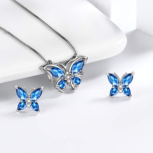 Aurora Tears Butterfly Jewelry,Women 925 Sterling Silver Butterflies Birthstone Pendant Necklace/Earrings/Rings Wedding Gift - color: I.September-set 2