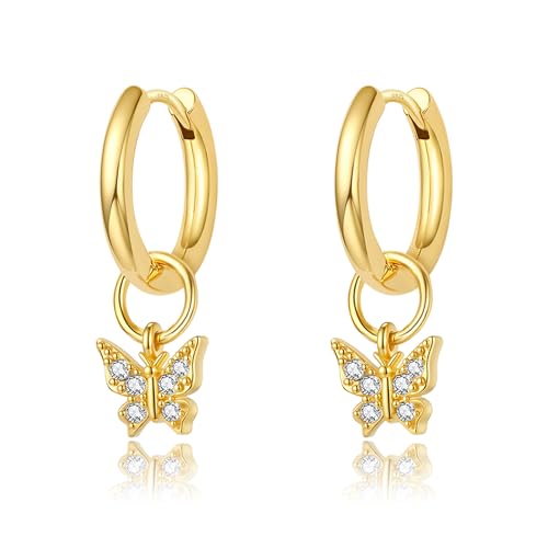 DAILY VIBES Cute Butterfly Star Cross Heart CZ Dangle Earrings for Women | 925 Sterling Silver Post, 14K Gold or Silver Plated, Mini Cubic Zirconia Dainty Drop, Cartilage Small Huggie Hoop Earrings - color: Gold Butterfly CZ