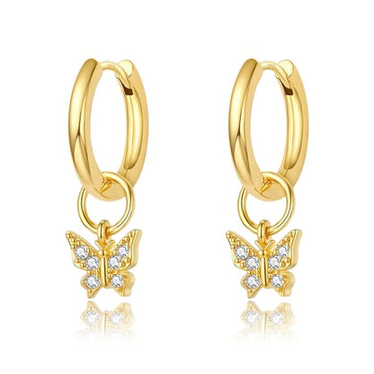 DAILY VIBES Cute Butterfly Star Cross Heart CZ Dangle Earrings for Women | 925 Sterling Silver Post, 14K Gold or Silver Plated, Mini Cubic Zirconia Dainty Drop, Cartilage Small Huggie Hoop Earrings - color: Gold Butterfly CZ