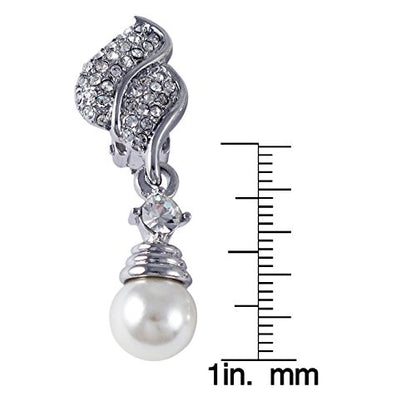 Rhodium Finish Faux Pearls Pave Crystals Dangle Clip On Earrings