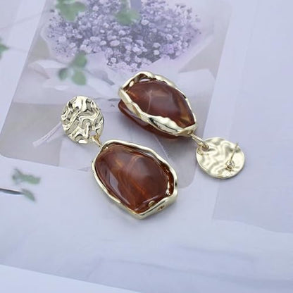 Vintage Irregular Acrylic Dangle Earrings Enamel Brown Drop Earrings Gold Hammered Disc Stud Earrings Acrylic Brown Geometric Earrings Jewelry for Women