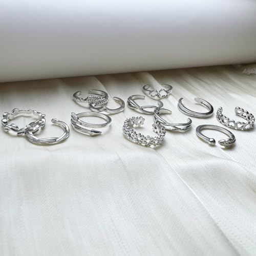 12PCS Toe Rings for Women 14K Gold/Silver Plated Adjustable Toe Ring Set Open Heart Arrow Infinity Rings Beach Foot Jewelry for Summer - color: Silver