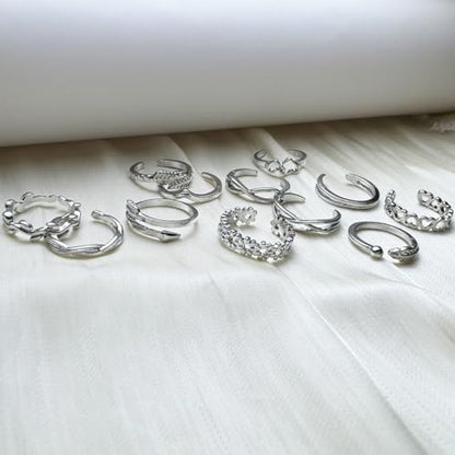 12PCS Toe Rings for Women 14K Gold/Silver Plated Adjustable Toe Ring Set Open Heart Arrow Infinity Rings Beach Foot Jewelry for Summer - color: Silver