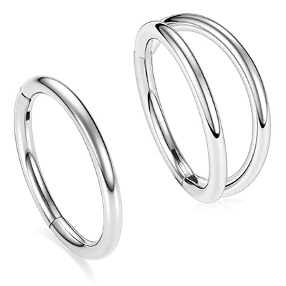 GAGABODY Surgical Steel 2pcs Double Hoop Hypoallergenic Nose Ring Unisex | Seamless Clasp,Used in Nostril,Septum,Lip and All Ear Piercings.22 Gauge to 14 Gauge,a Secure Fit Inner Diameter 6mm to 12mm - color: Silver-Single&Double Hoop, size: 16G-1/2"(12mm