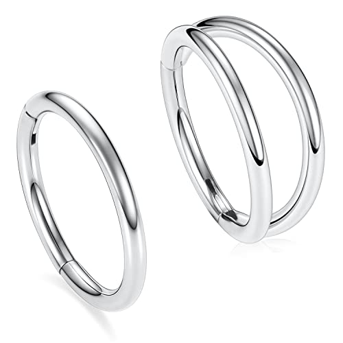 GAGABODY Surgical Steel 2pcs Double Hoop Hypoallergenic Nose Ring Unisex | Seamless Clasp,Used in Nostril,Septum,Lip and All Ear Piercings.22 Gauge to 14 Gauge,a Secure Fit Inner Diameter 6mm to 12mm - color: Silver-Single&Double Hoop, size: 20G-3/8"(10mm