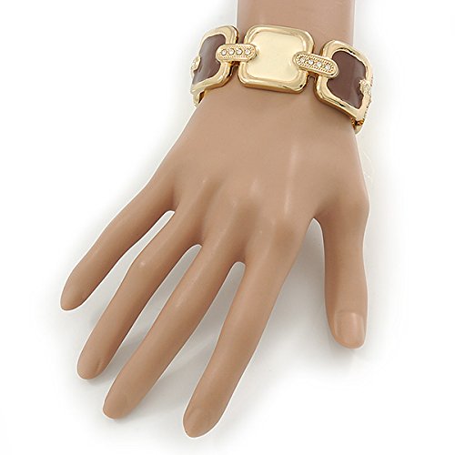 Avalaya Cream/Brown Enamel Square, Crystal Hinged Bangle Bracelet In Gold Tone - 19cm L