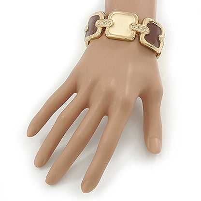 Avalaya Cream/Brown Enamel Square, Crystal Hinged Bangle Bracelet In Gold Tone - 19cm L