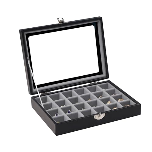 Wudygirl 24 Grid Earring Organizer Small Jewelry Box with Lid BlackGray | Ring Box with Adjustable Dividers, Velvet Lining, Ideal for Rings, Earrings, Jewelry Display, Gift Giving - style: Black Gray 24 Grid